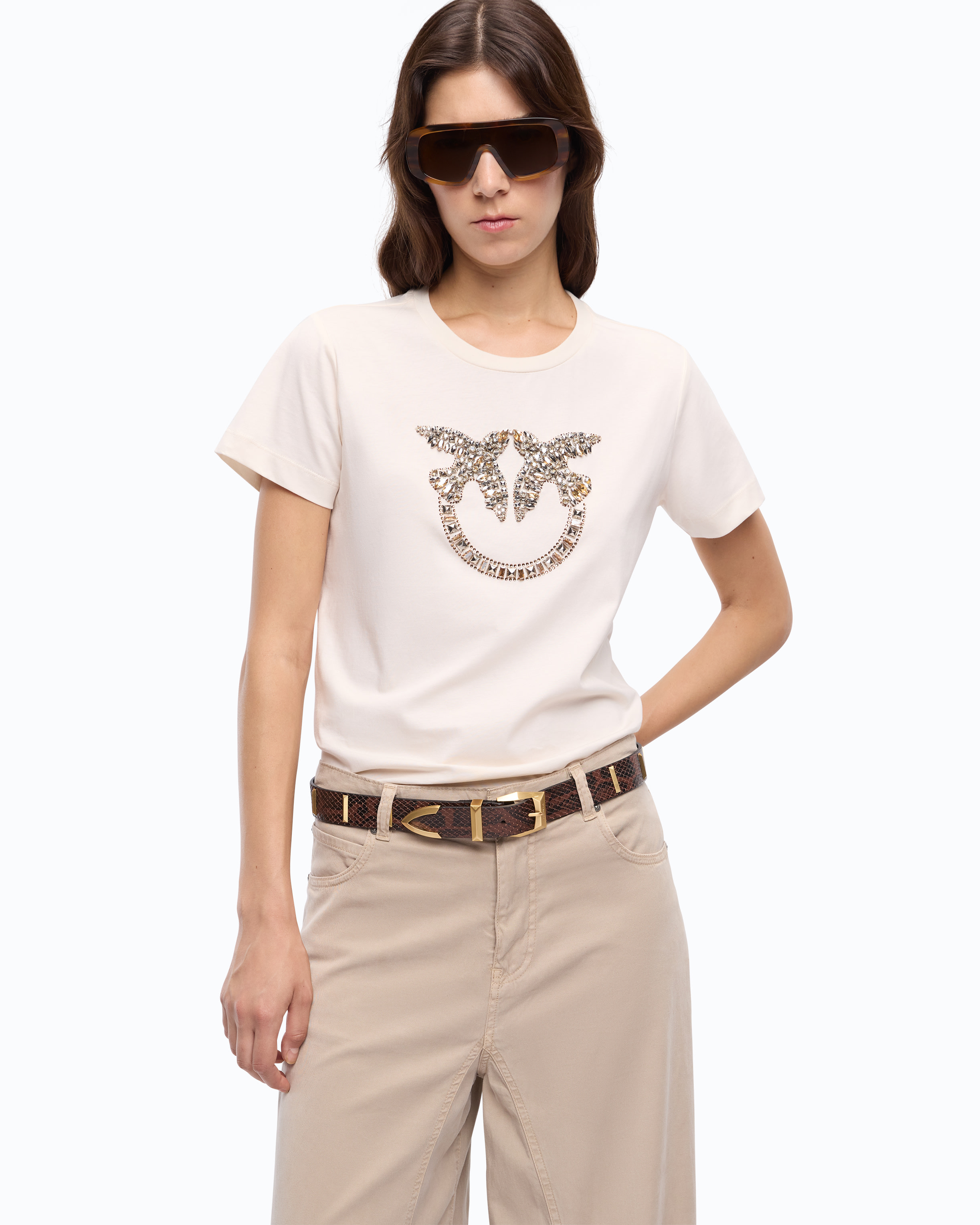 T-Shirt With Bejewelled Love Birds Logo