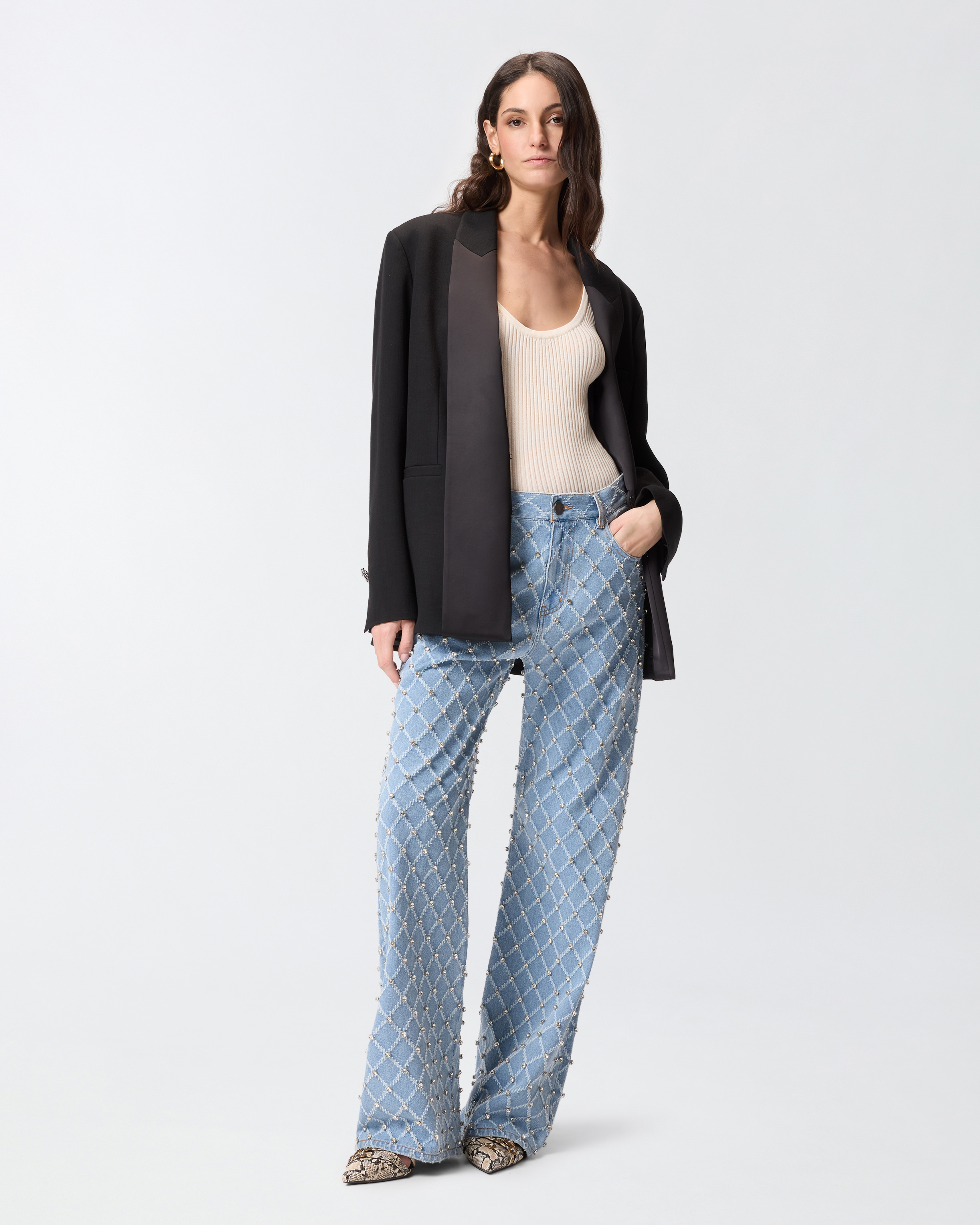Wide-Leg Jeans With Diamond And Rhinestone Motif