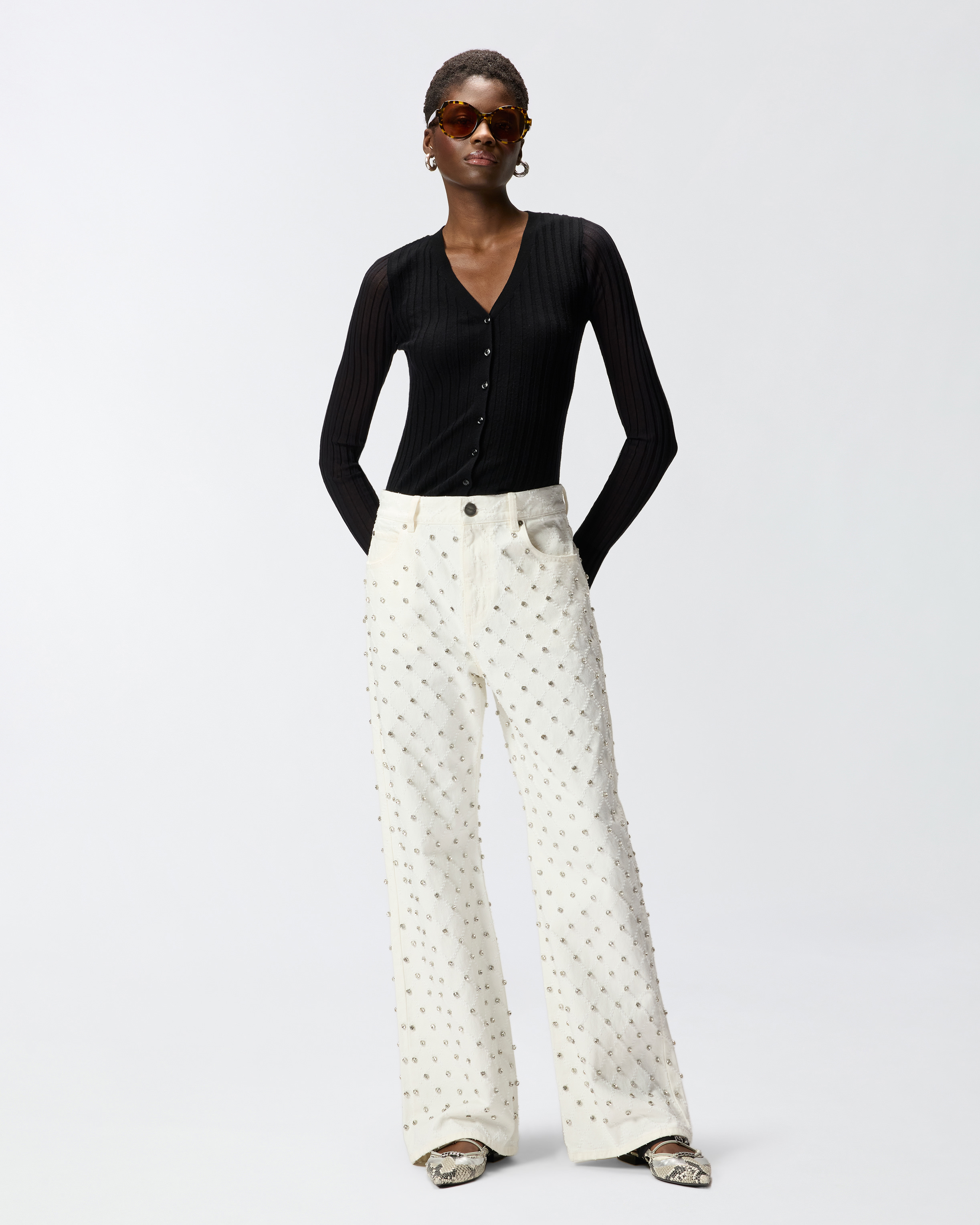 Wide-Leg Jeans With Diamond Pattern And Rhinestones