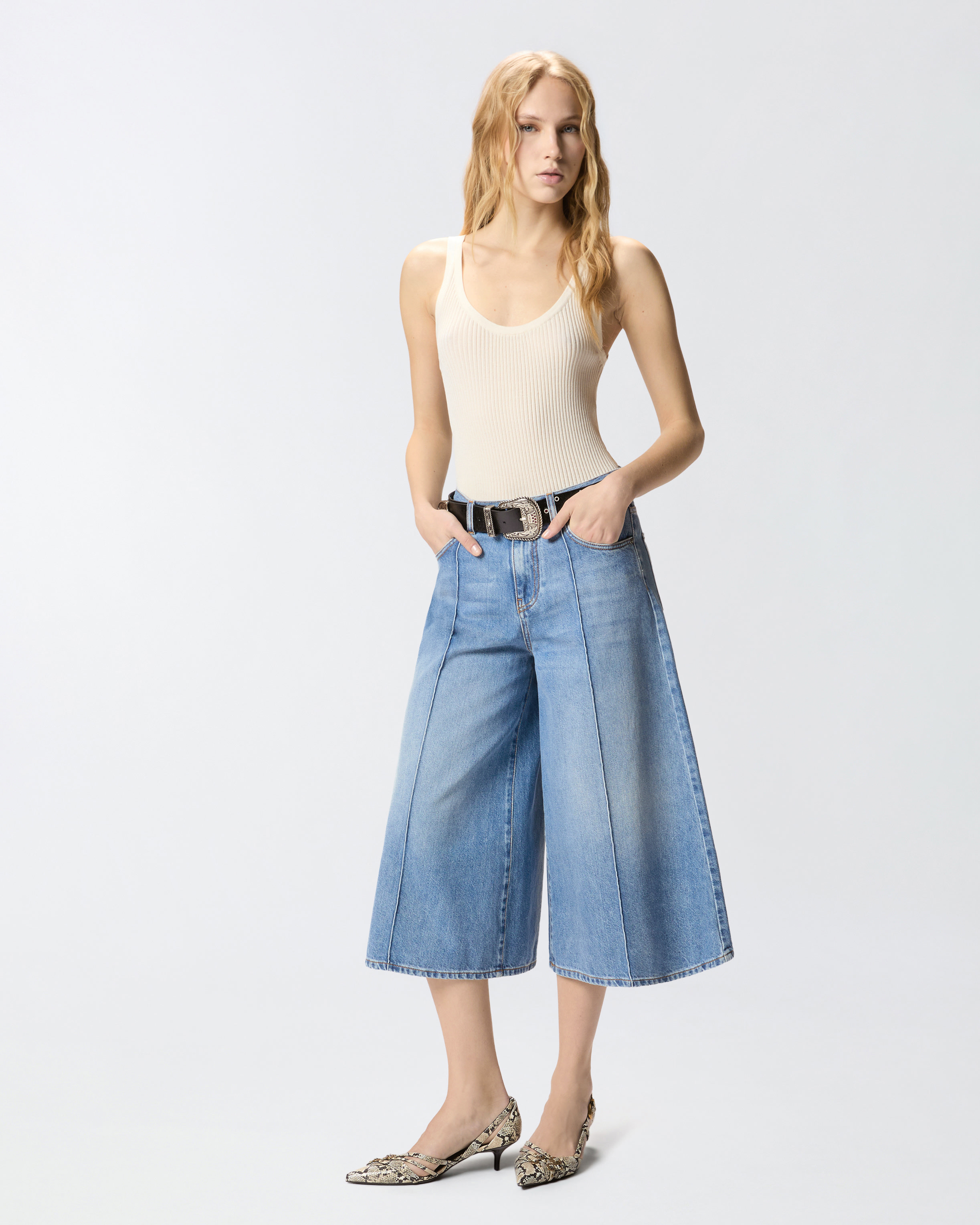 Wide-Leg Denim Bermuda Shorts