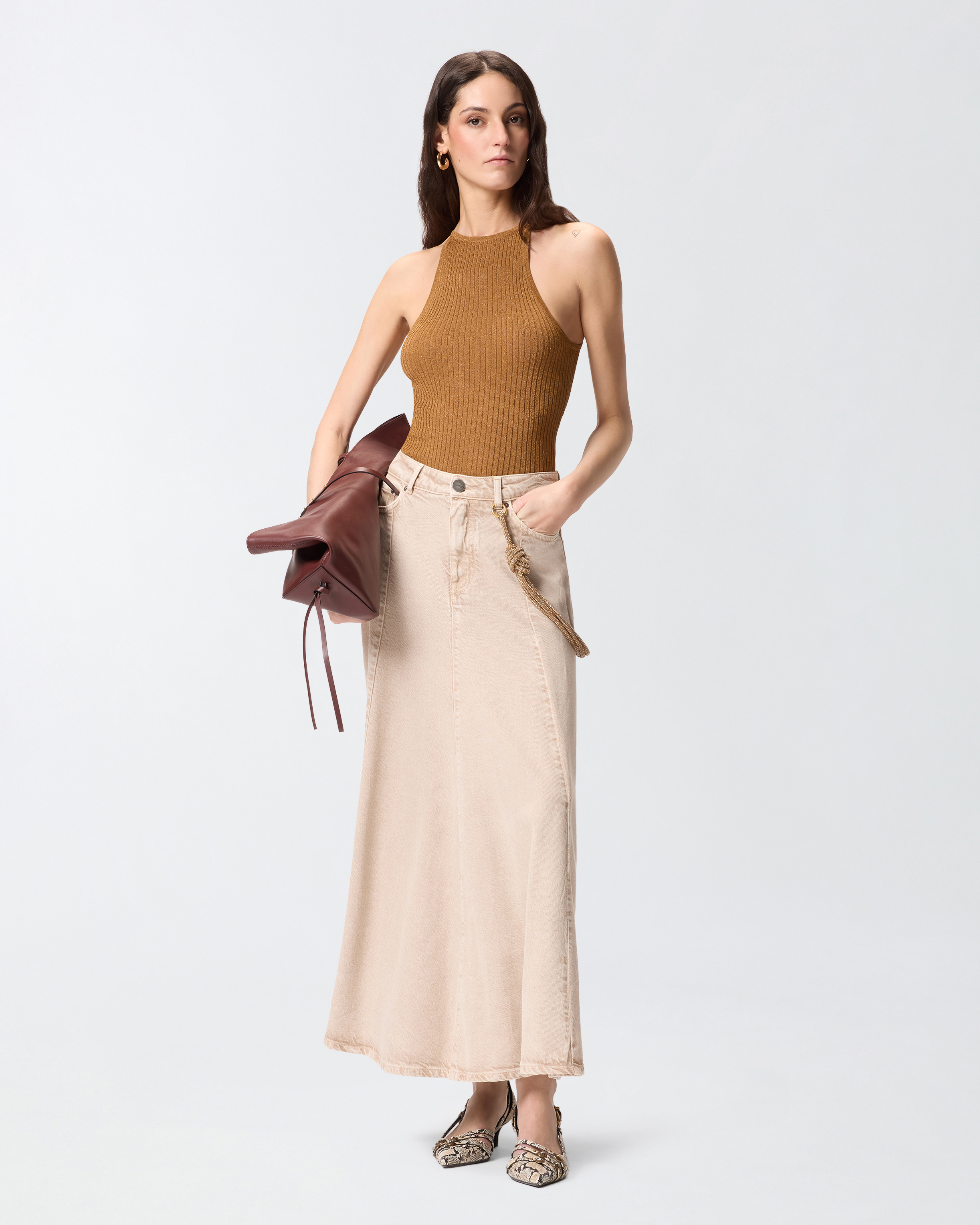 Denim Midi Skirt With Jewel Cord