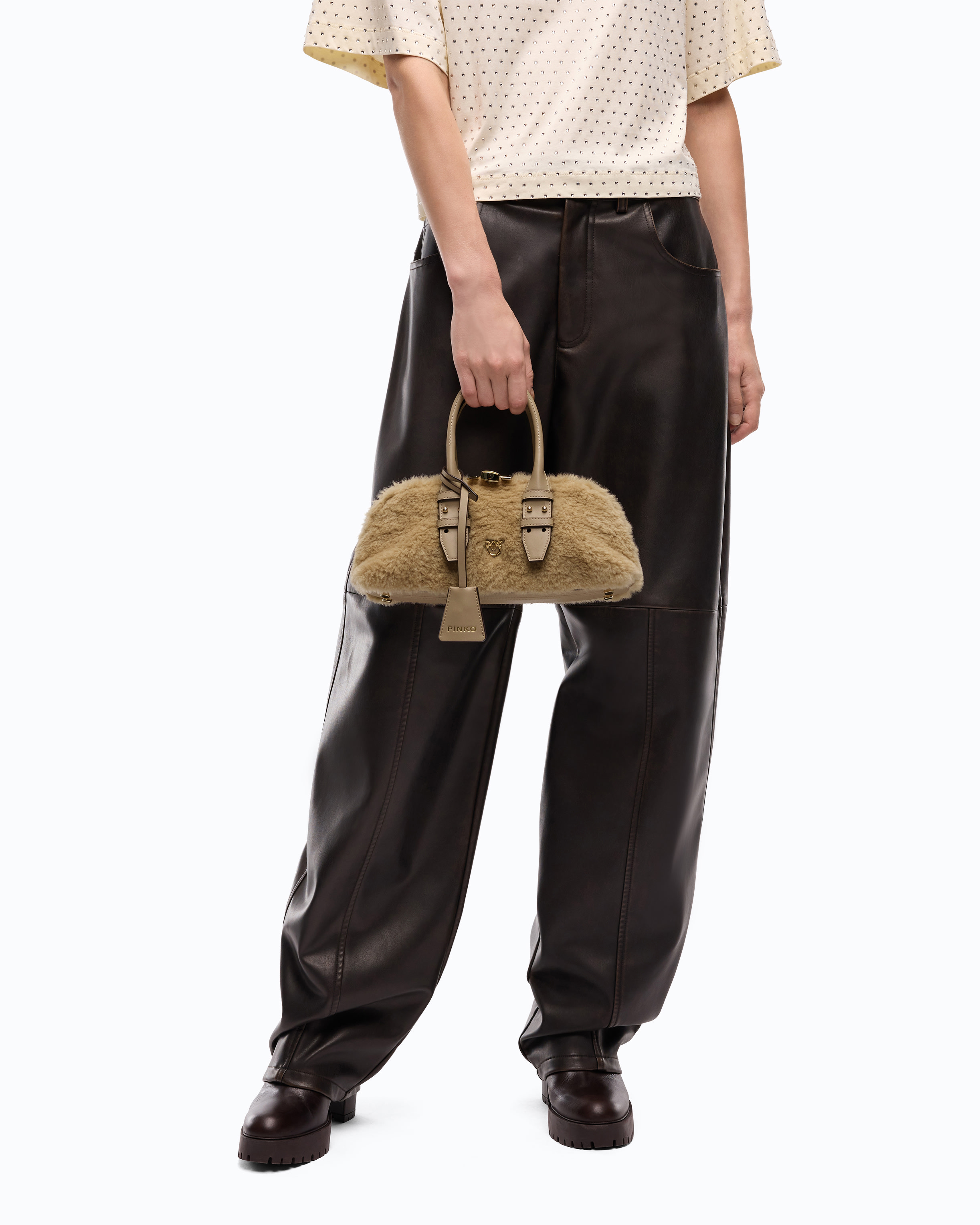 Escape Bag Horizontal Small Handbag In Teddy-Effect Fabric With Leather Details