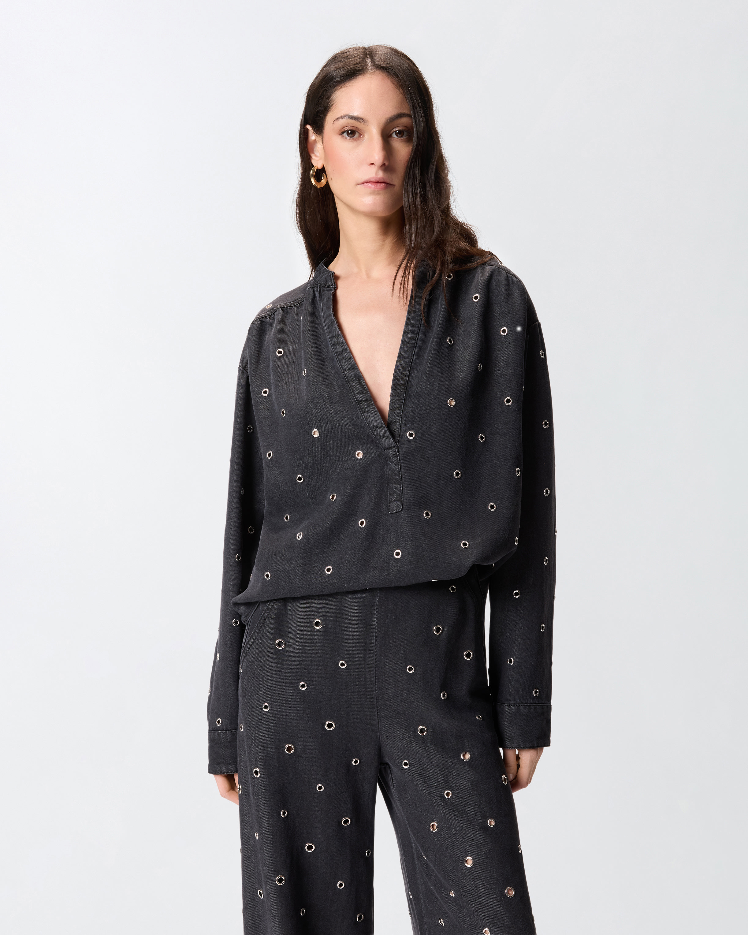 Blusa In Denim Scuro Con Occhielli