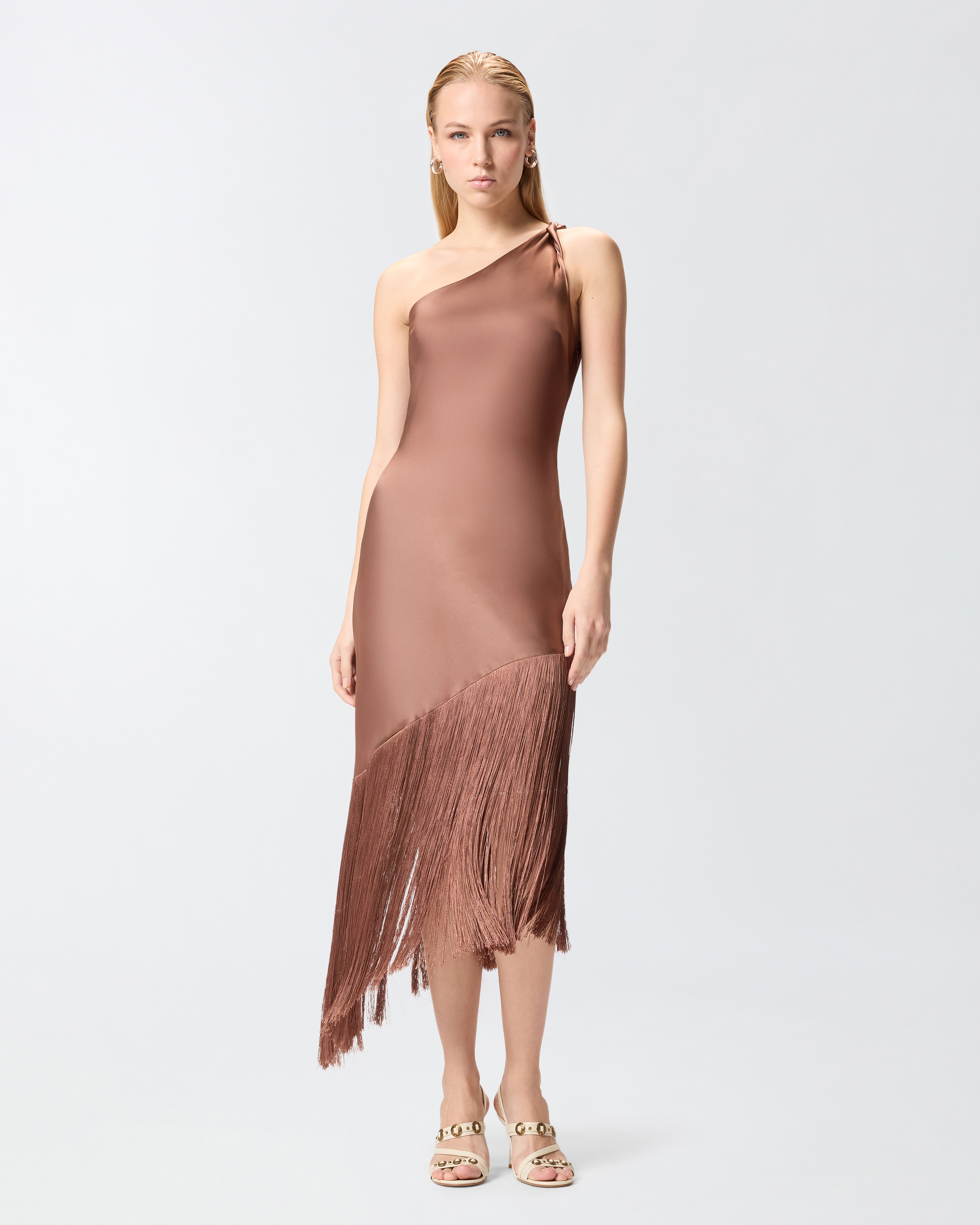Kurzes One-Shoulder-Kleid Aus Satin Mit Fransen