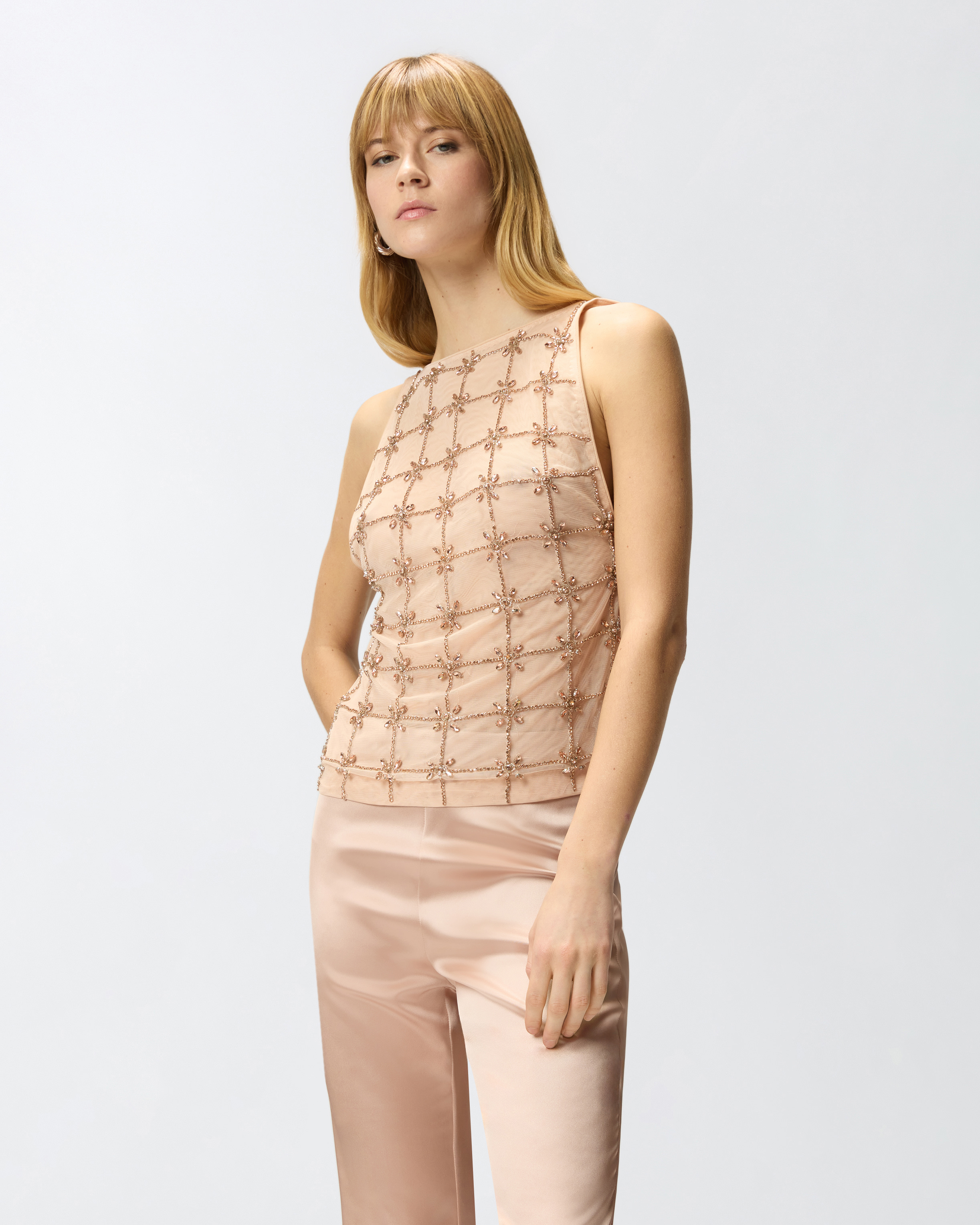 Top Smanicato In Tulle Con Cristalli