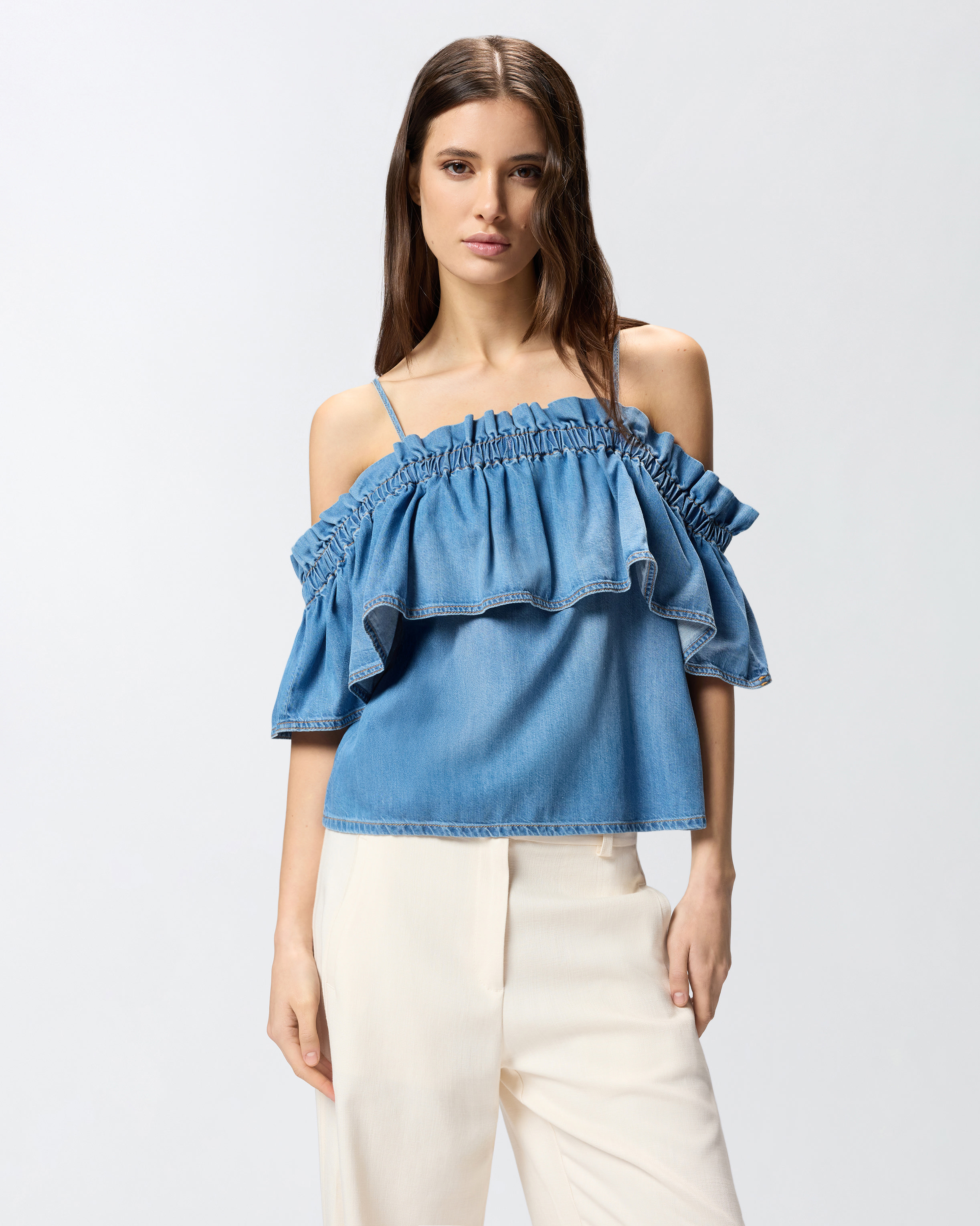 Denim Top With Ruffle And Open Shoulders