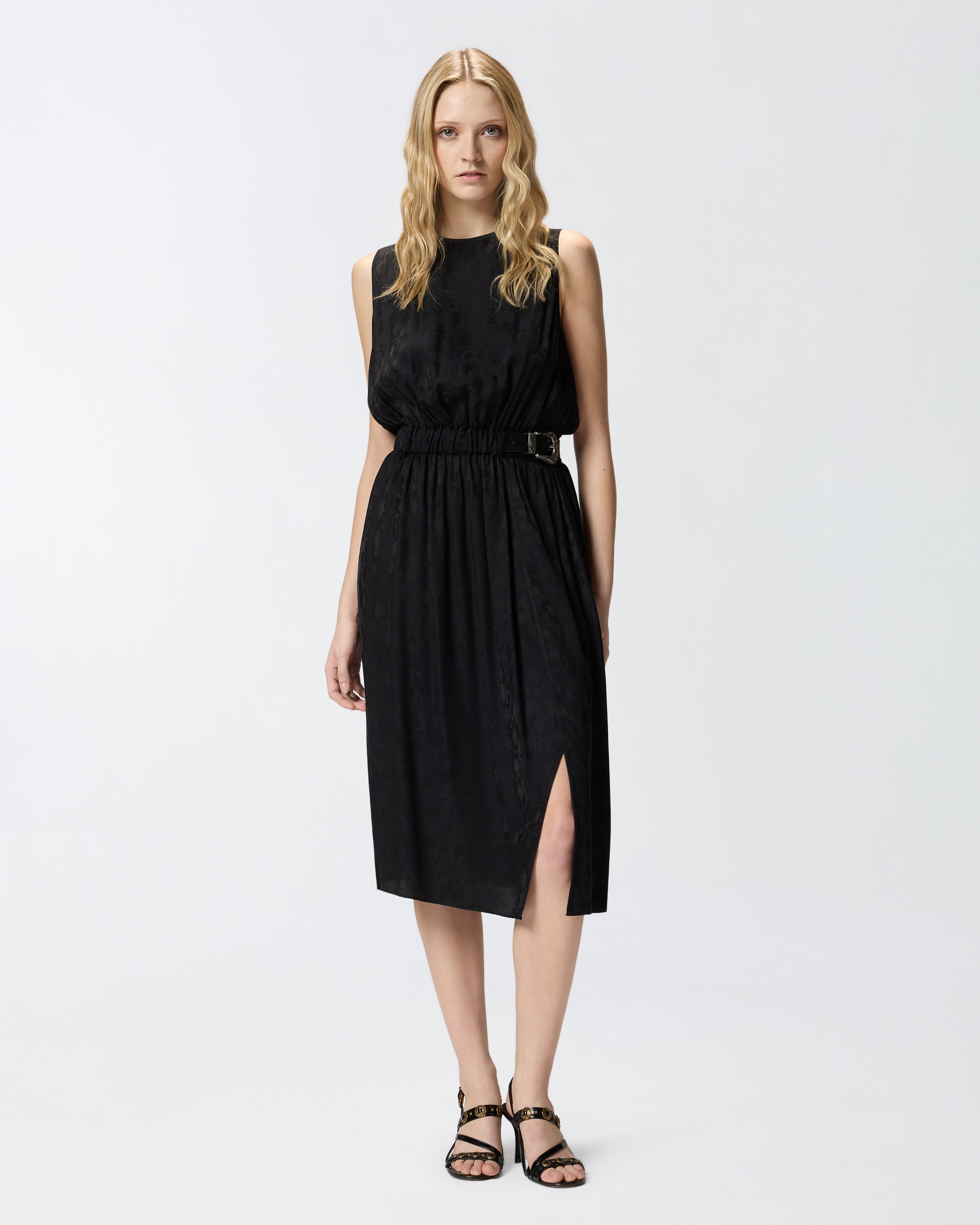 Abito Midi Smanicato In Jacquard Floreale Con Cintura