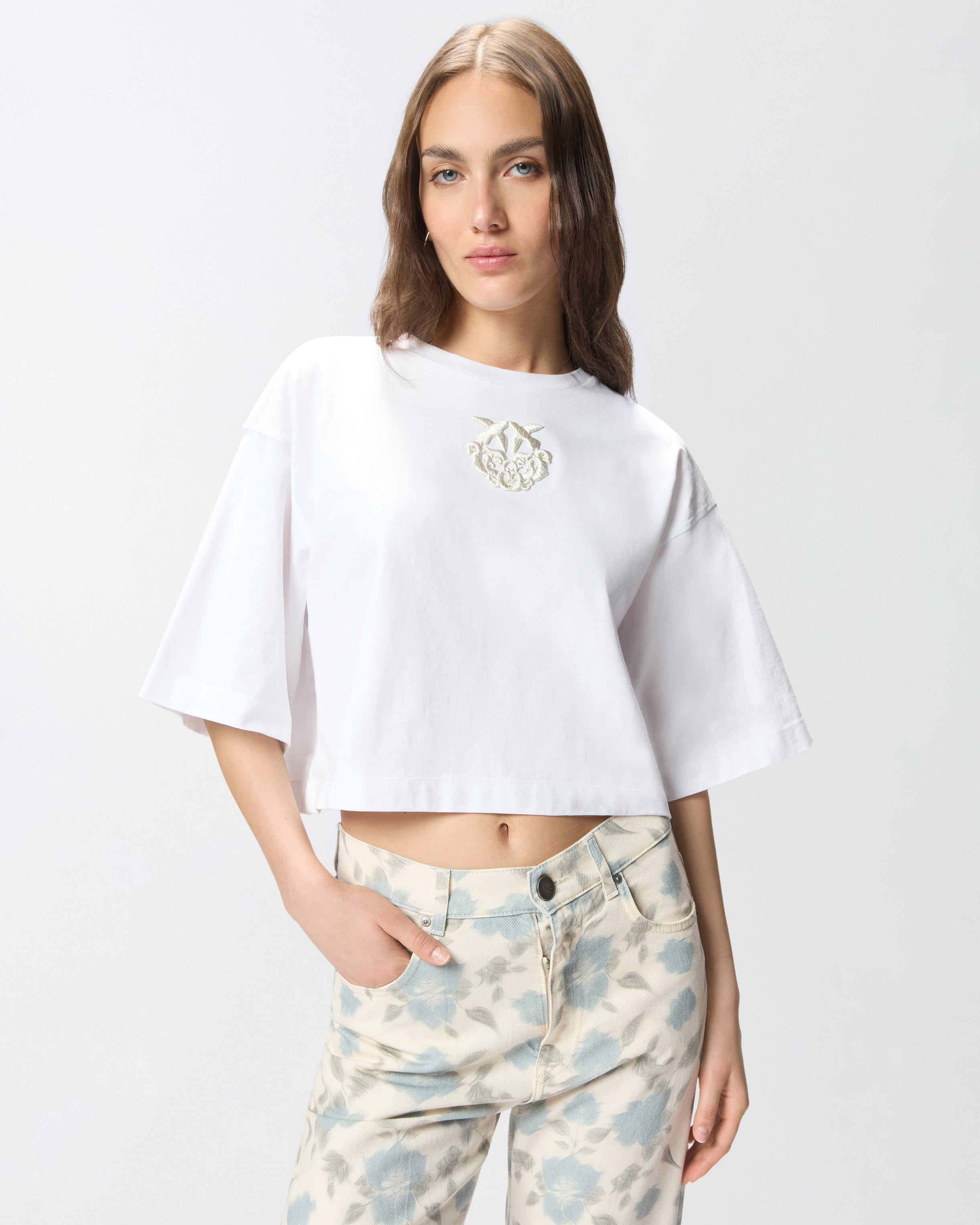 T-Shirt Cropped Con Ricamo Love Birds