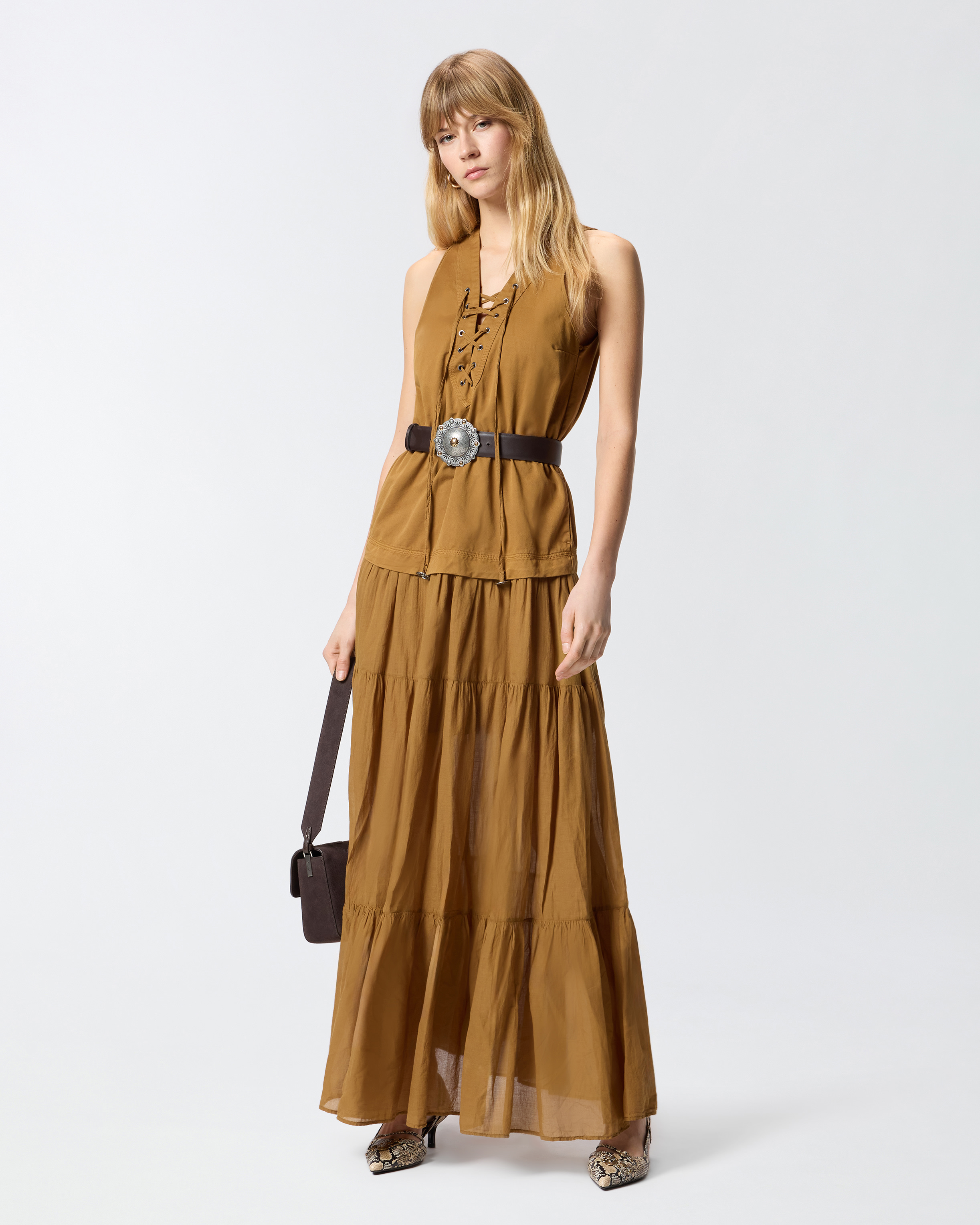 Langes Kleid Aus Baumwolle Mit Volant Und Bändern