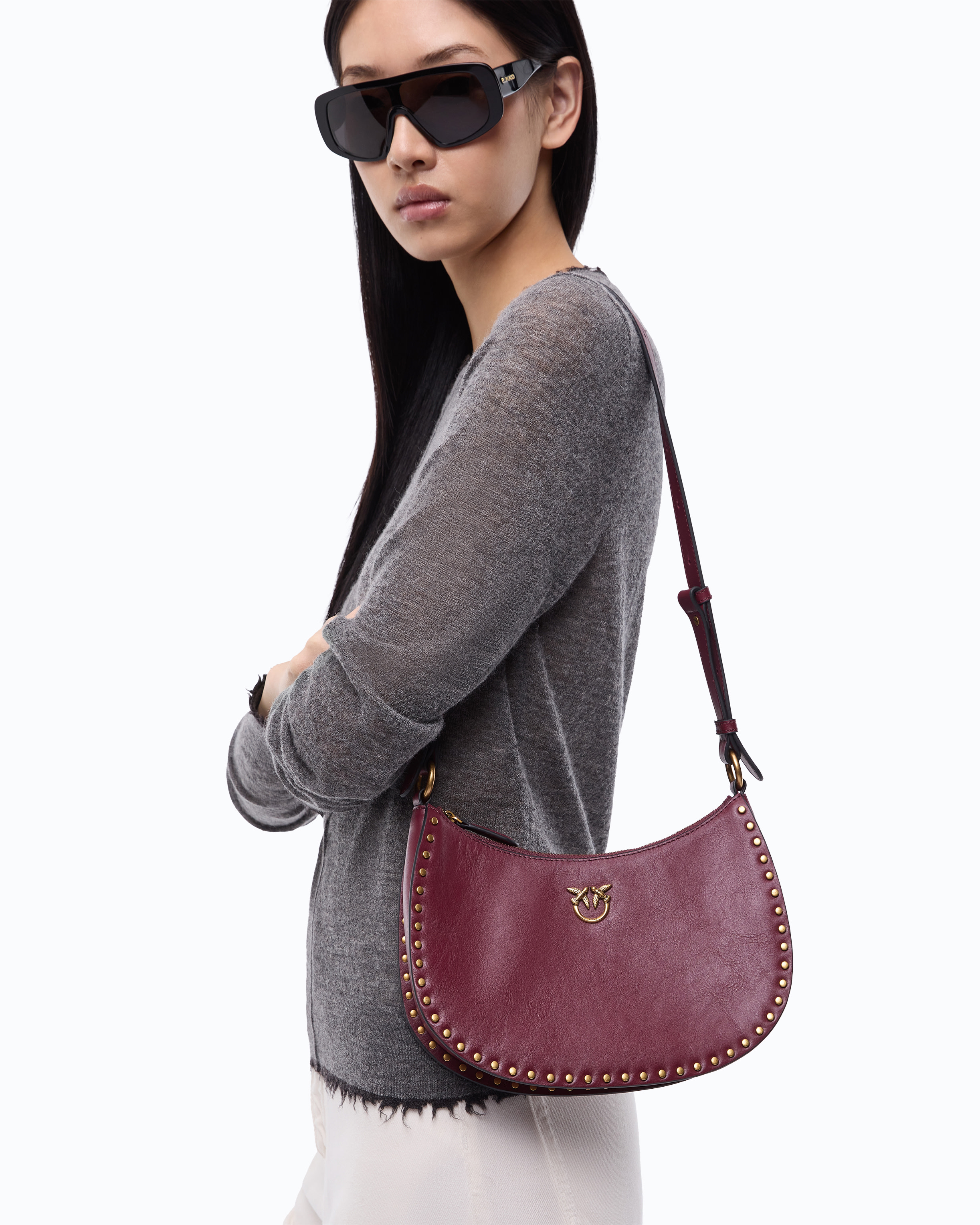 Mini Half Moon Shoulder Bag In New Biker Leather With Mini Studs