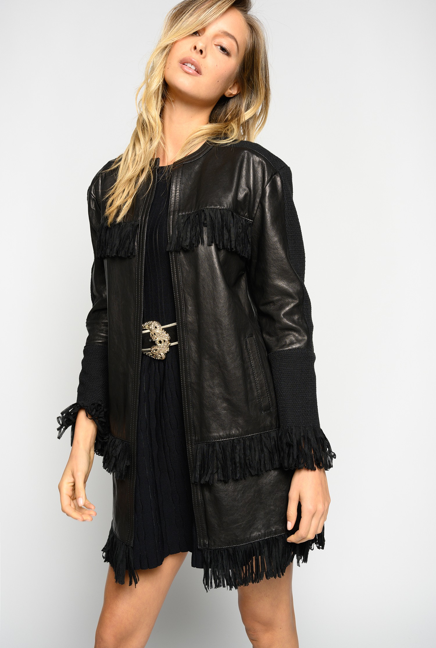 Veste longue en cuir à franges PINKO