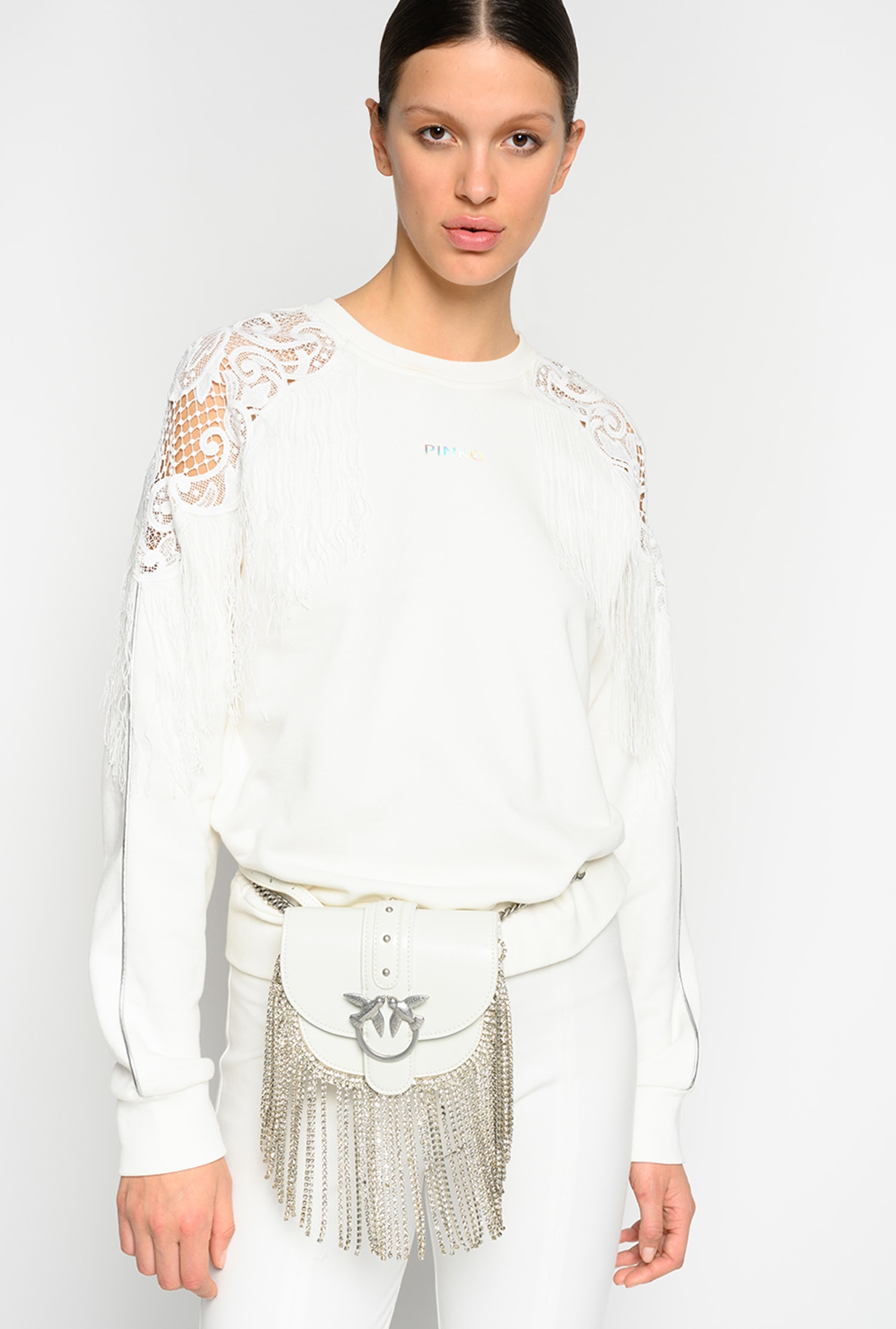 Sweat-shirt avec franges et dentelle macram&eacute;