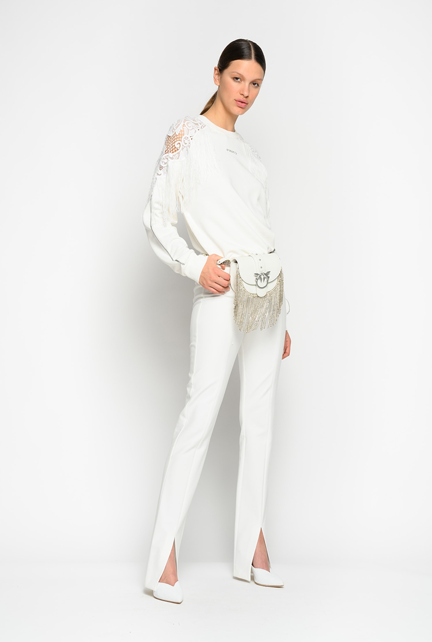 Sweat-shirt avec franges et dentelle macram&eacute;