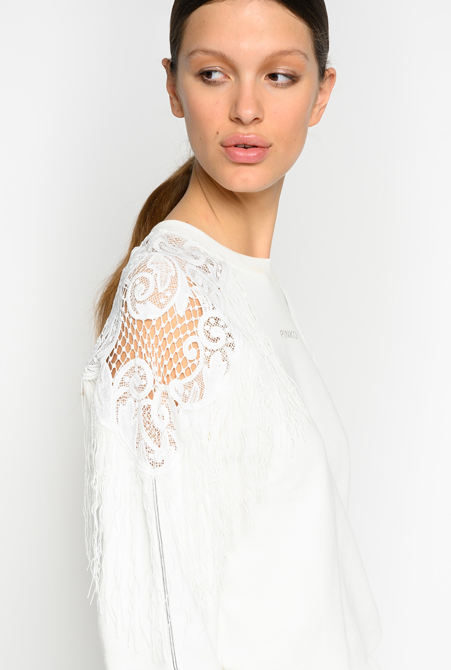 Sweat-shirt avec franges et dentelle macram&eacute;