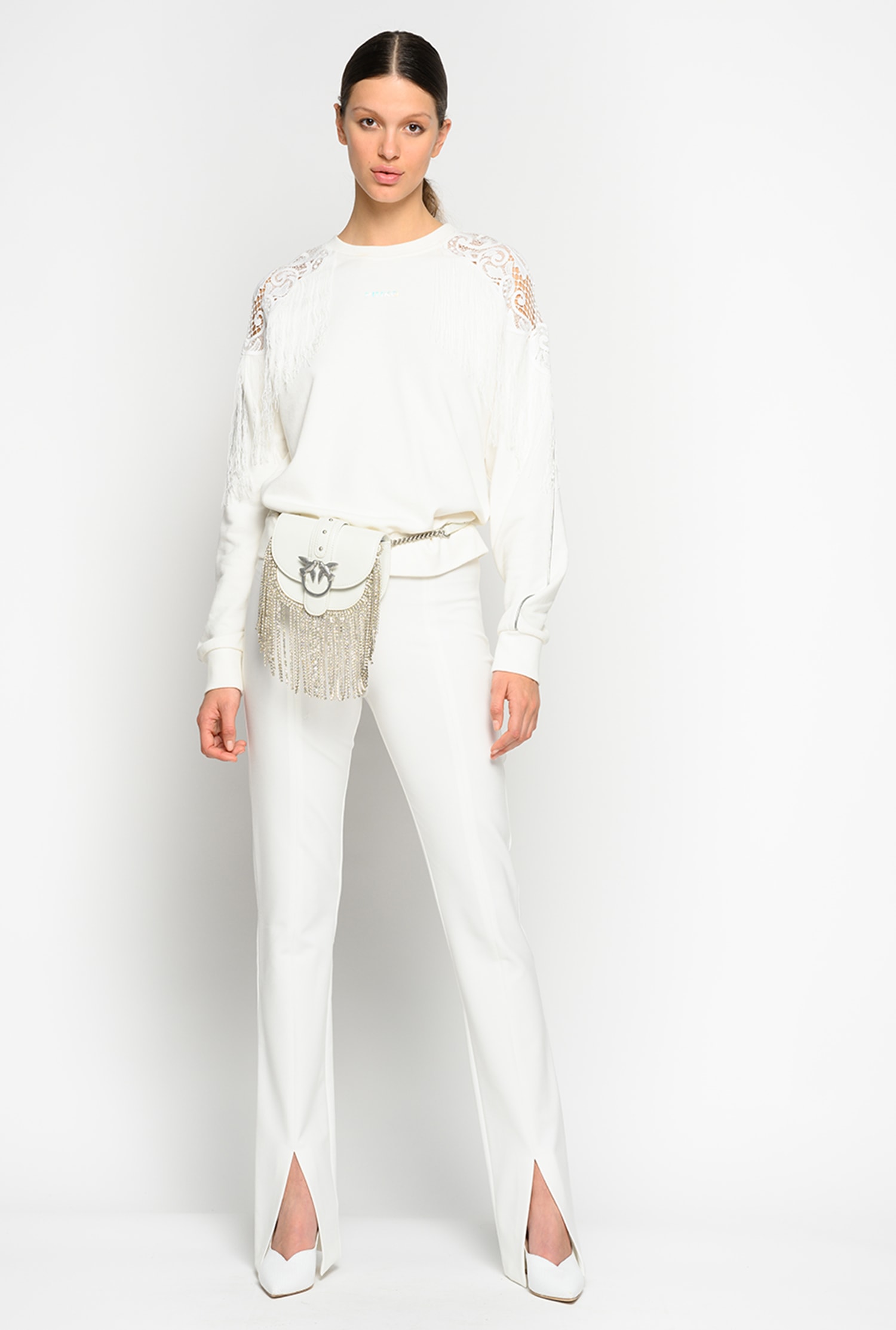 Sweat-shirt avec franges et dentelle macram&eacute;